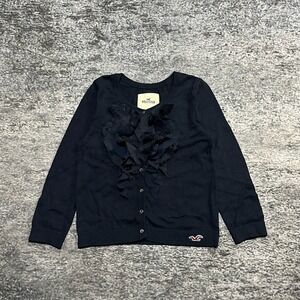Vintage Hollister Ruffle Cardigan Womens Medium Navy Blue Button Long Sleeve Y2K